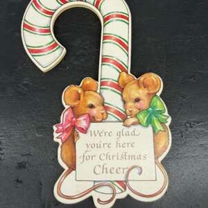 Vintage 1988 Dakin Wood  Door Hanger Mice & Candy Cane 9” Christmas Decor